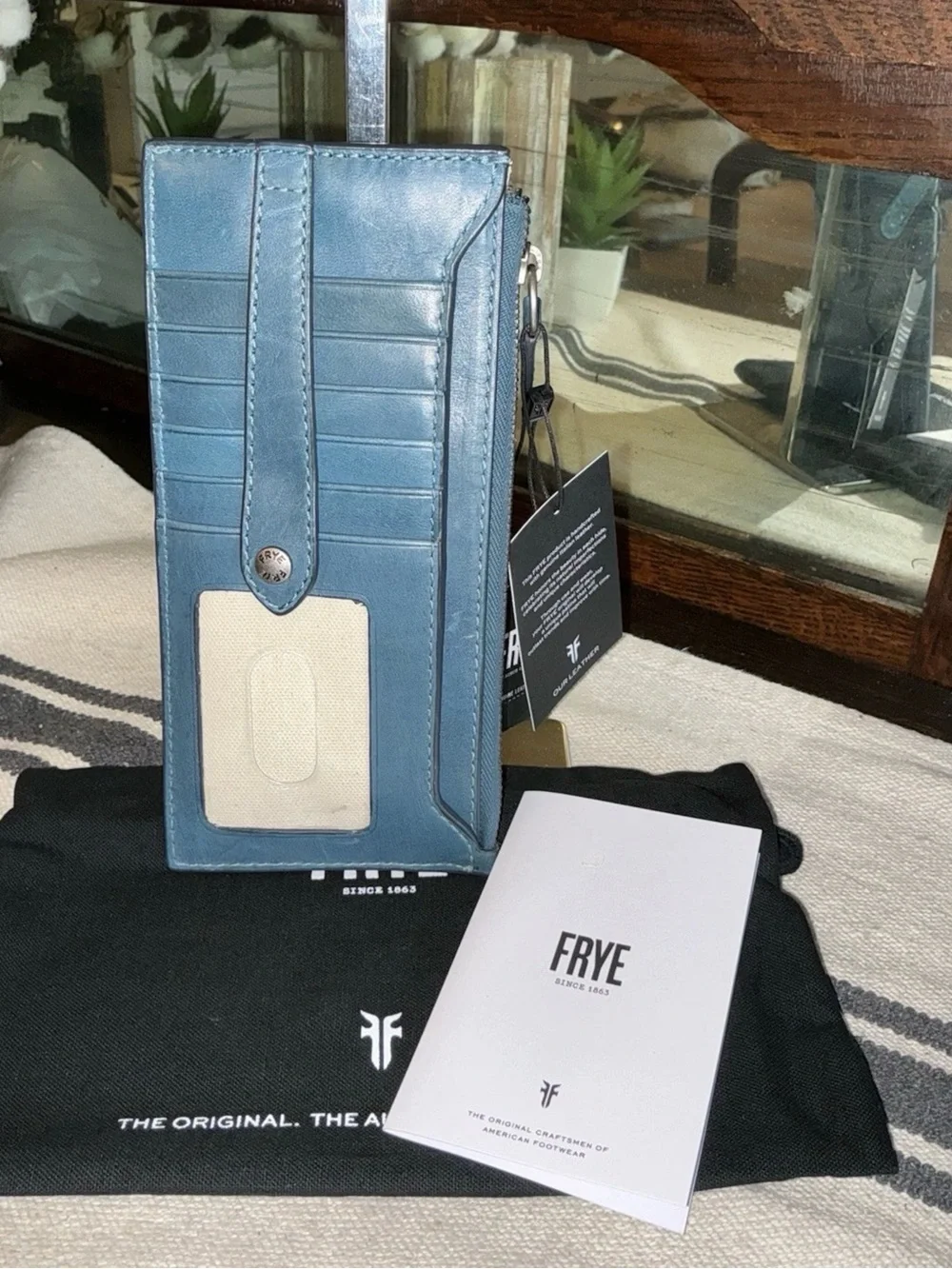 NWT Frye Melissa Leather Snap Card Wallet Steel Blue Retail $98